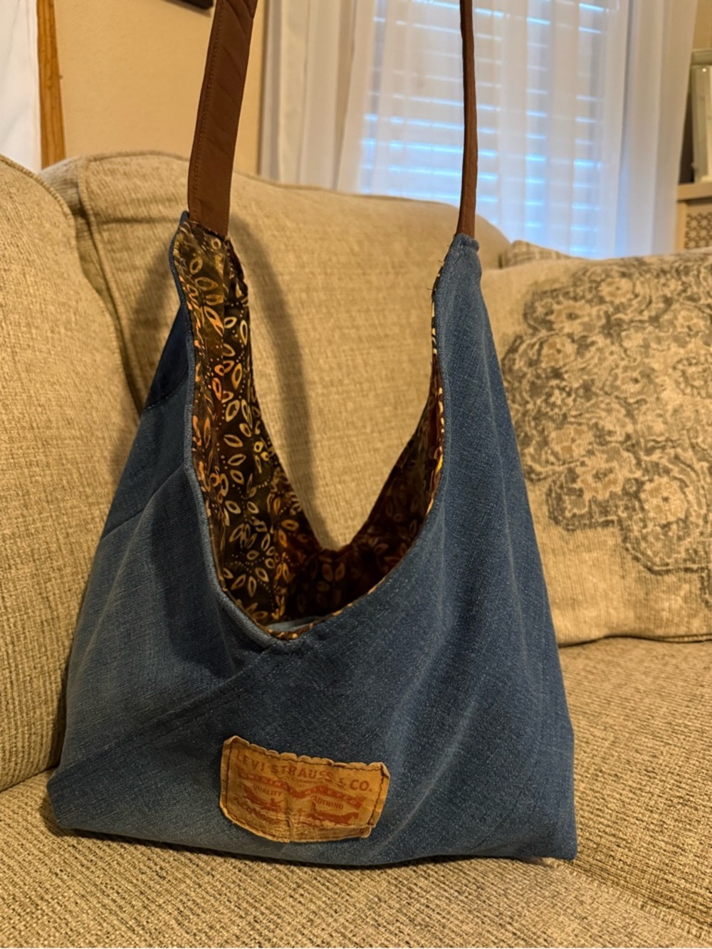 Handcrafted Denim Hobo Bag in Blue with Brown Strap
